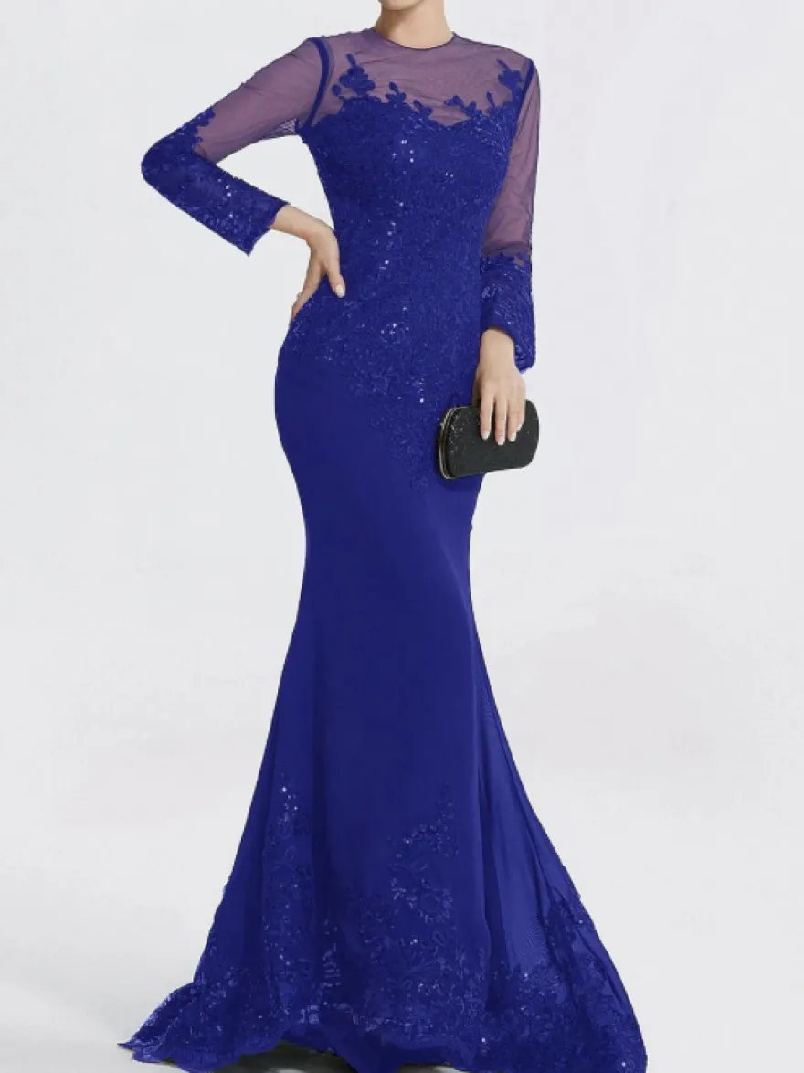 Robe de soirée sirène col en V traîne courte manches longues fermeture éclair appliques paillettes robes de soirée formelles