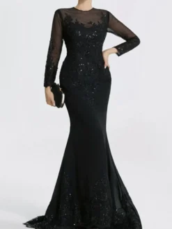 Robe de soirée sirène col en V traîne courte manches longues fermeture éclair appliques paillettes robes de soirée formelles