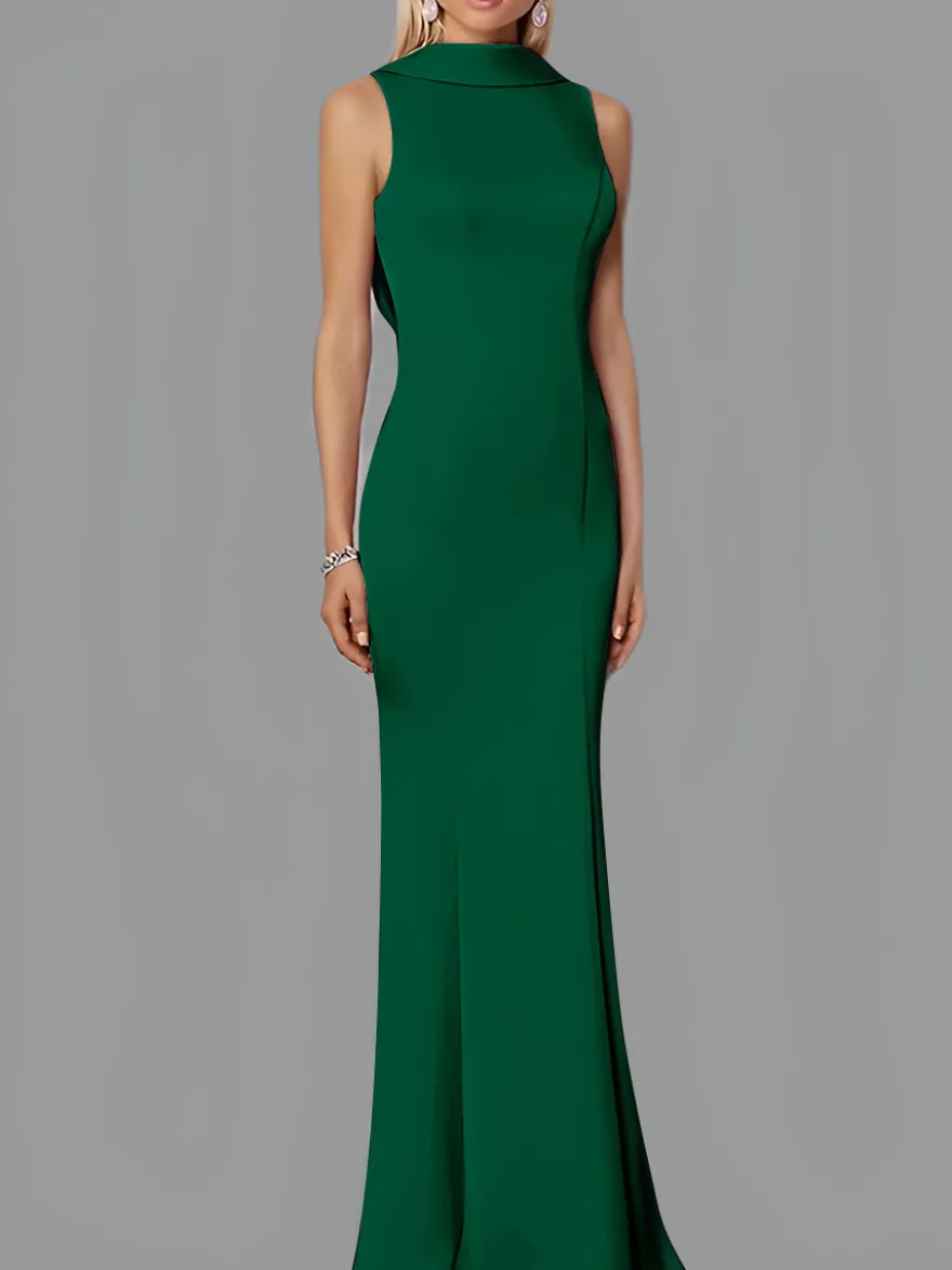 Robe de soirée sirène col haut crêpe extensible longueur au sol boutons robes de soirée formelles