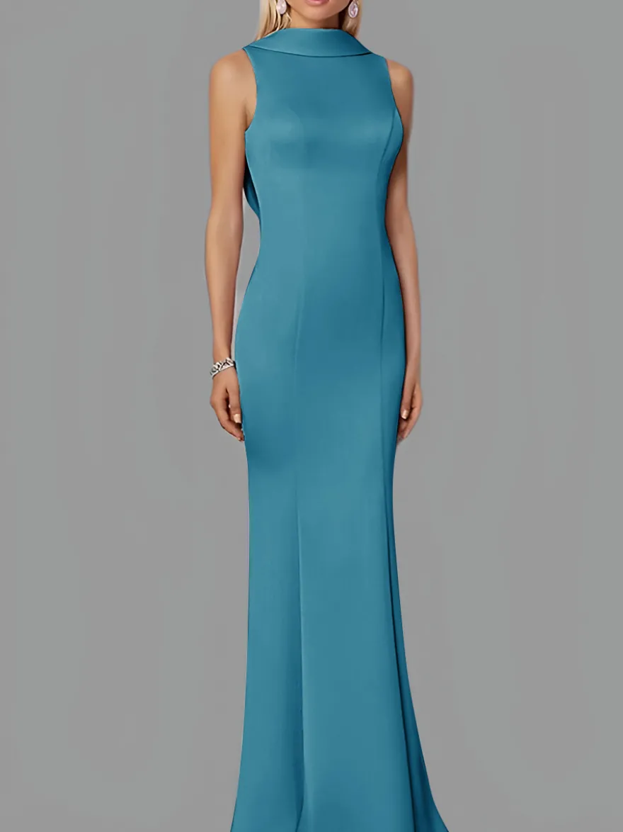 Robe de soirée sirène col haut crêpe extensible longueur au sol boutons robes de soirée formelles