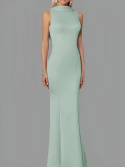 Robe de soirée sirène col haut crêpe extensible longueur au sol boutons robes de soirée formelles