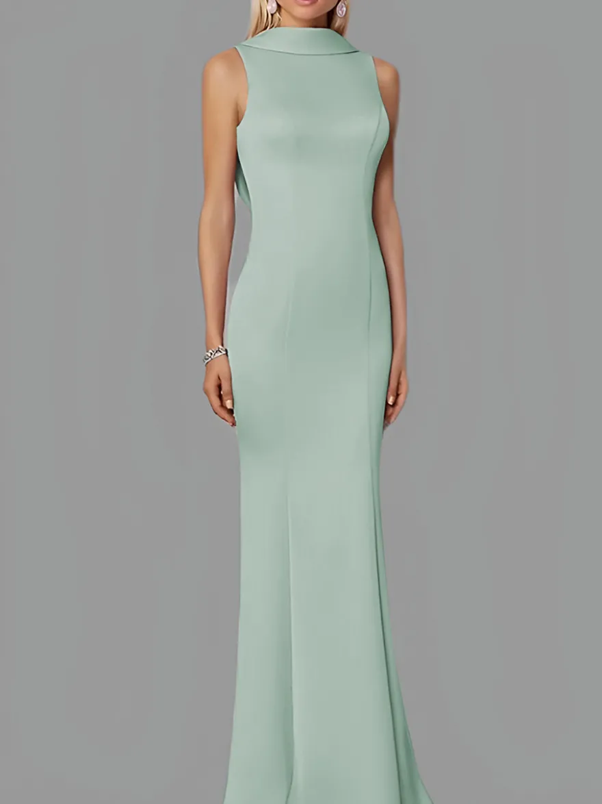 Robe de soirée sirène col haut crêpe extensible longueur au sol boutons robes de soirée formelles