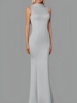 Robe de soirée sirène col haut crêpe extensible longueur au sol boutons robes de soirée formelles
