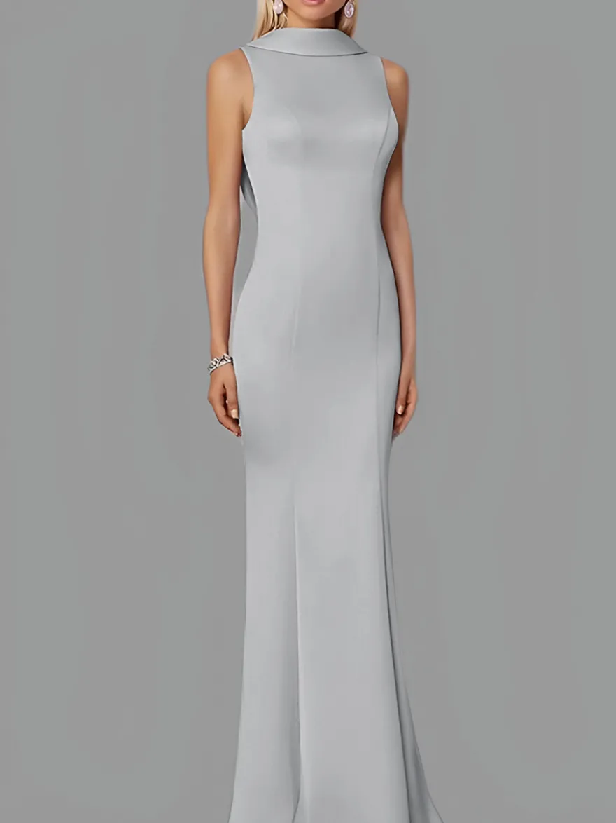Robe de soirée sirène col haut crêpe extensible longueur au sol boutons robes de soirée formelles