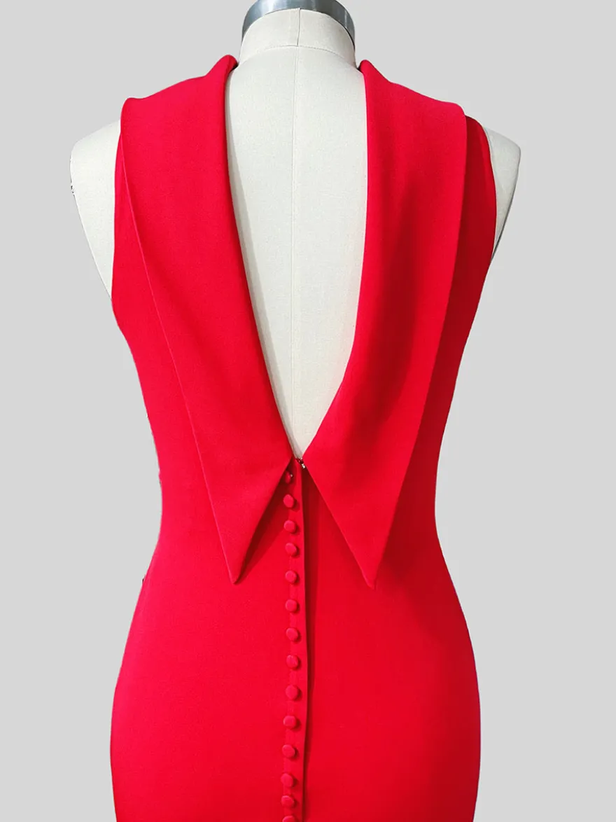 Robe de soirée sirène col haut crêpe extensible longueur au sol boutons robes de soirée formelles