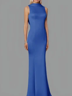Robe de soirée sirène col haut crêpe extensible longueur au sol boutons robes de soirée formelles