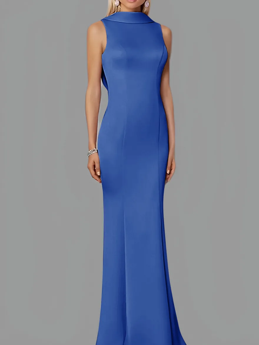 Robe de soirée sirène col haut crêpe extensible longueur au sol boutons robes de soirée formelles