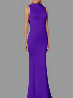 Robe de soirée sirène col haut crêpe extensible longueur au sol boutons robes de soirée formelles