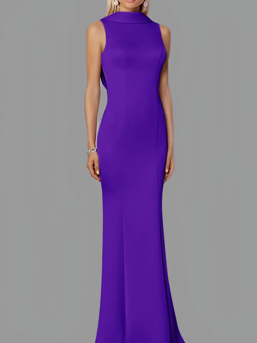 Robe de soirée sirène col haut crêpe extensible longueur au sol boutons robes de soirée formelles