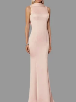 Robe de soirée sirène col haut crêpe extensible longueur au sol boutons robes de soirée formelles