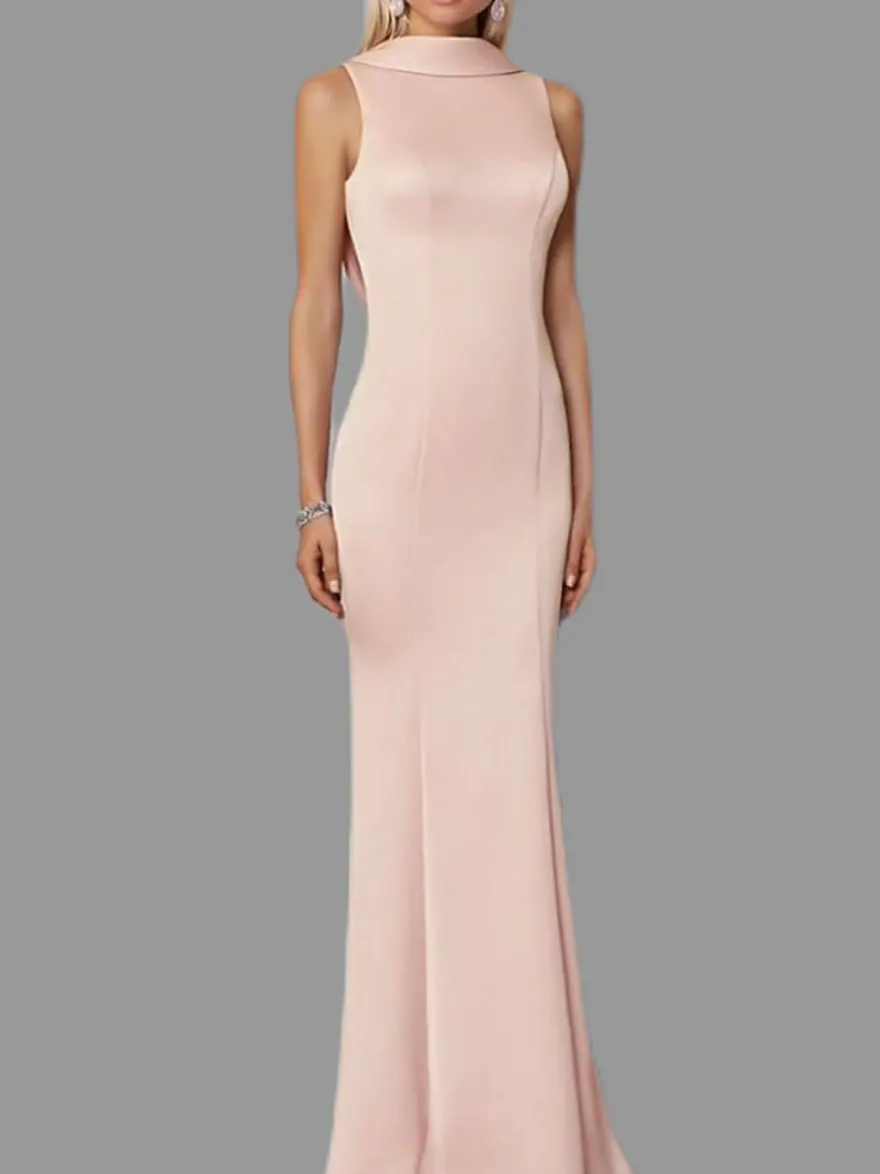 Robe de soirée sirène col haut crêpe extensible longueur au sol boutons robes de soirée formelles