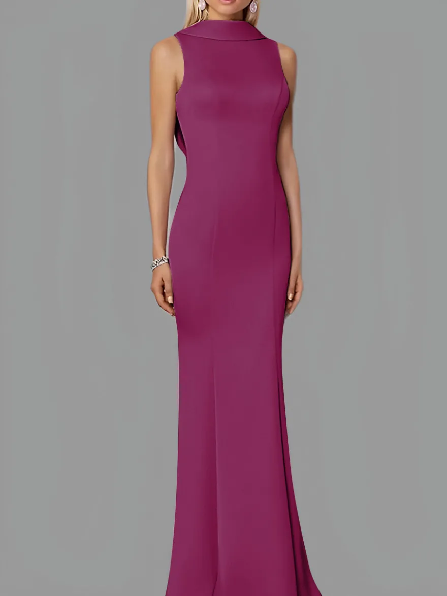 Robe de soirée sirène col haut crêpe extensible longueur au sol boutons robes de soirée formelles