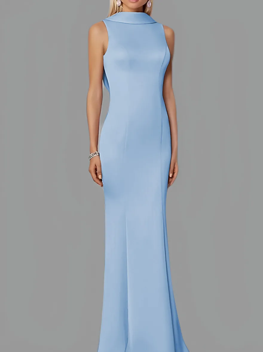 Robe de soirée sirène col haut crêpe extensible longueur au sol boutons robes de soirée formelles