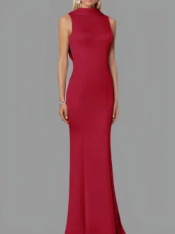 Robe de soirée sirène col haut crêpe extensible longueur au sol boutons robes de soirée formelles