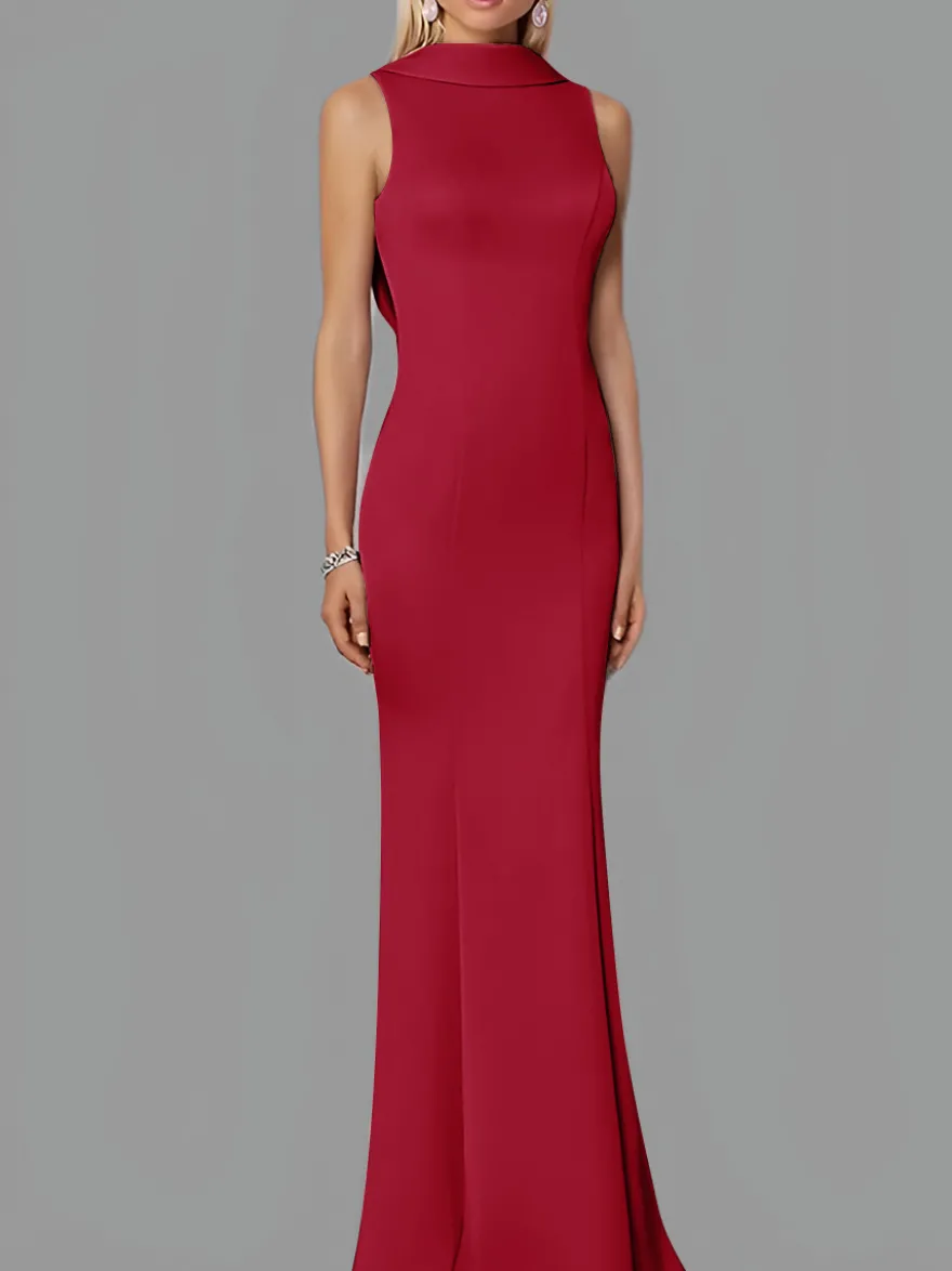 Robe de soirée sirène col haut crêpe extensible longueur au sol boutons robes de soirée formelles