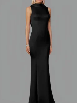 Robe de soirée sirène col haut crêpe extensible longueur au sol boutons robes de soirée formelles