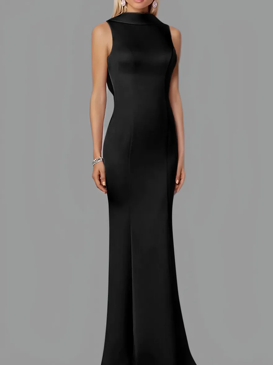 Robe de soirée sirène col haut crêpe extensible longueur au sol boutons robes de soirée formelles