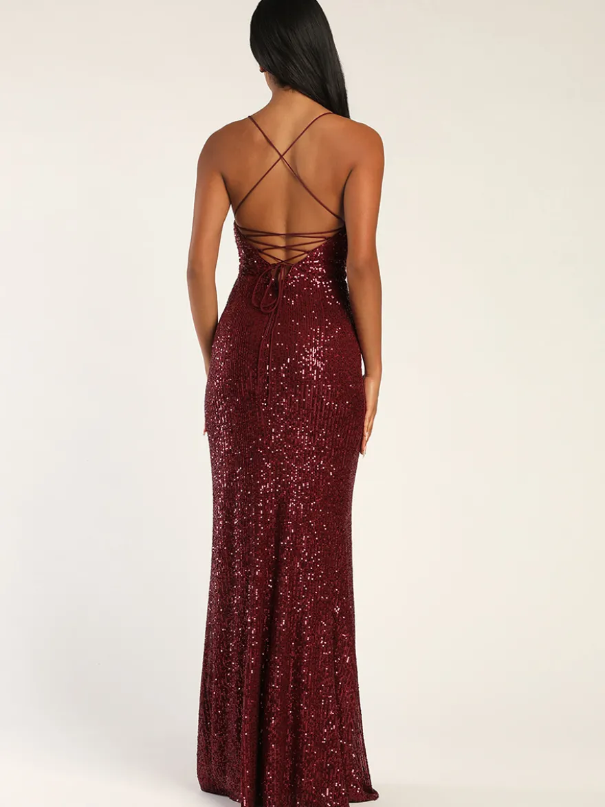 Robe de soirée sirène décolleté en paillettes longueur au sol fendue sur le devant robes de dîner formelles