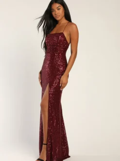 Robe de soirée sirène décolleté en paillettes longueur au sol fendue sur le devant robes de dîner formelles