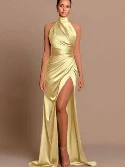 Robe de soirée sirène dos nu en satin tissé élastique avec traîne plissée robes de concours sociales