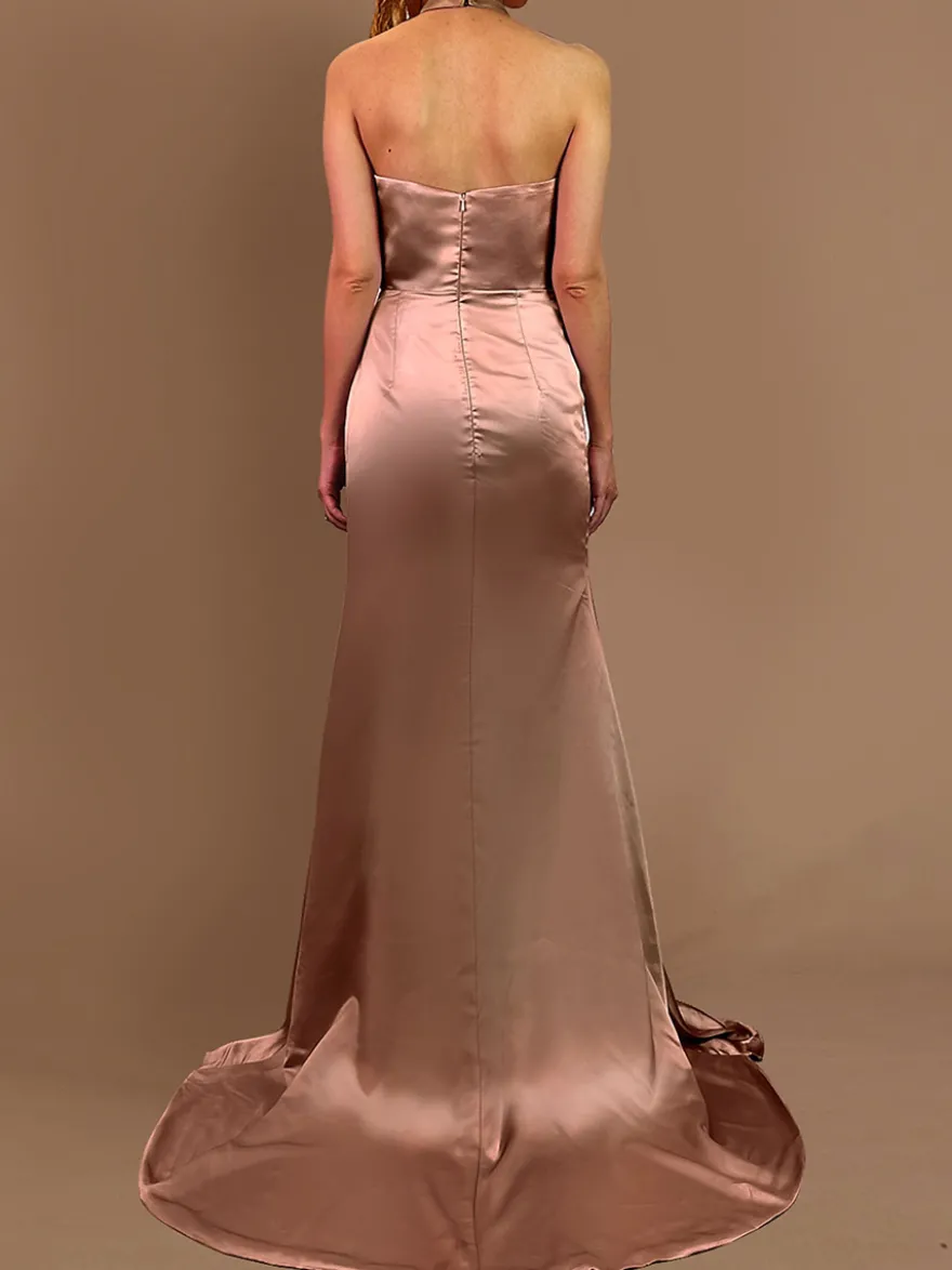 Robe de soirée sirène dos nu en satin tissé élastique avec traîne plissée robes de concours sociales