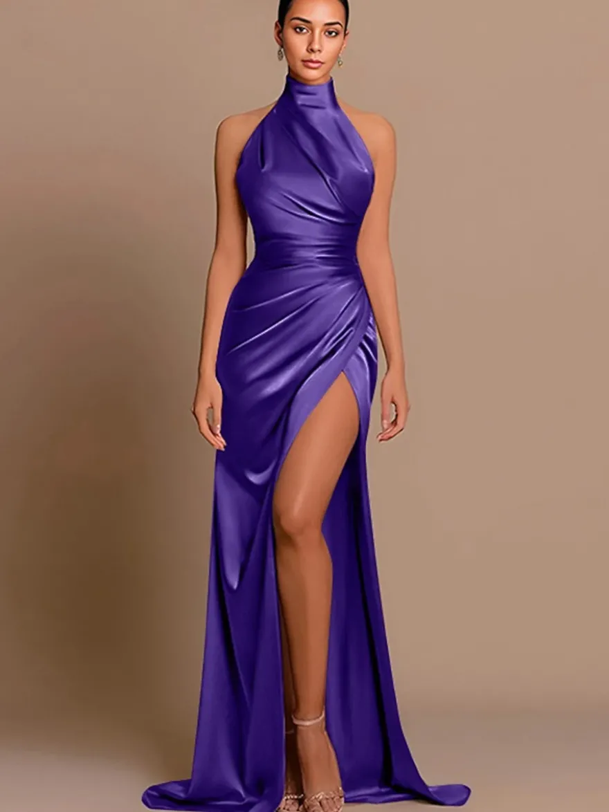 Robe de soirée sirène dos nu en satin tissé élastique avec traîne plissée robes de concours sociales
