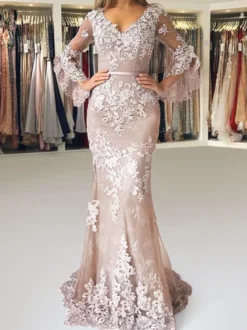 Robe de soirée sirène en satin col en V manches longues à zip Robe de soirée