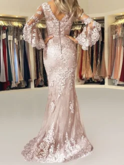 Robe de soirée sirène en satin col en V manches longues à zip Robe de soirée