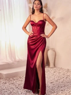 Robe de soirée sirène en tissu satiné col en cœur longueur au sol fendue sur le devant robes de dîner formelles
