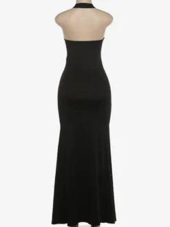 Robe de soirée sirène maxi noire moulante à bretelles croisées et découpes en résille pour femme