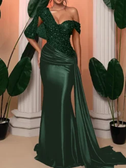 Robe de soirée sirène pailletes en satin à traîne