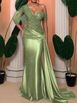 Robe de soirée sirène pailletes en satin à traîne