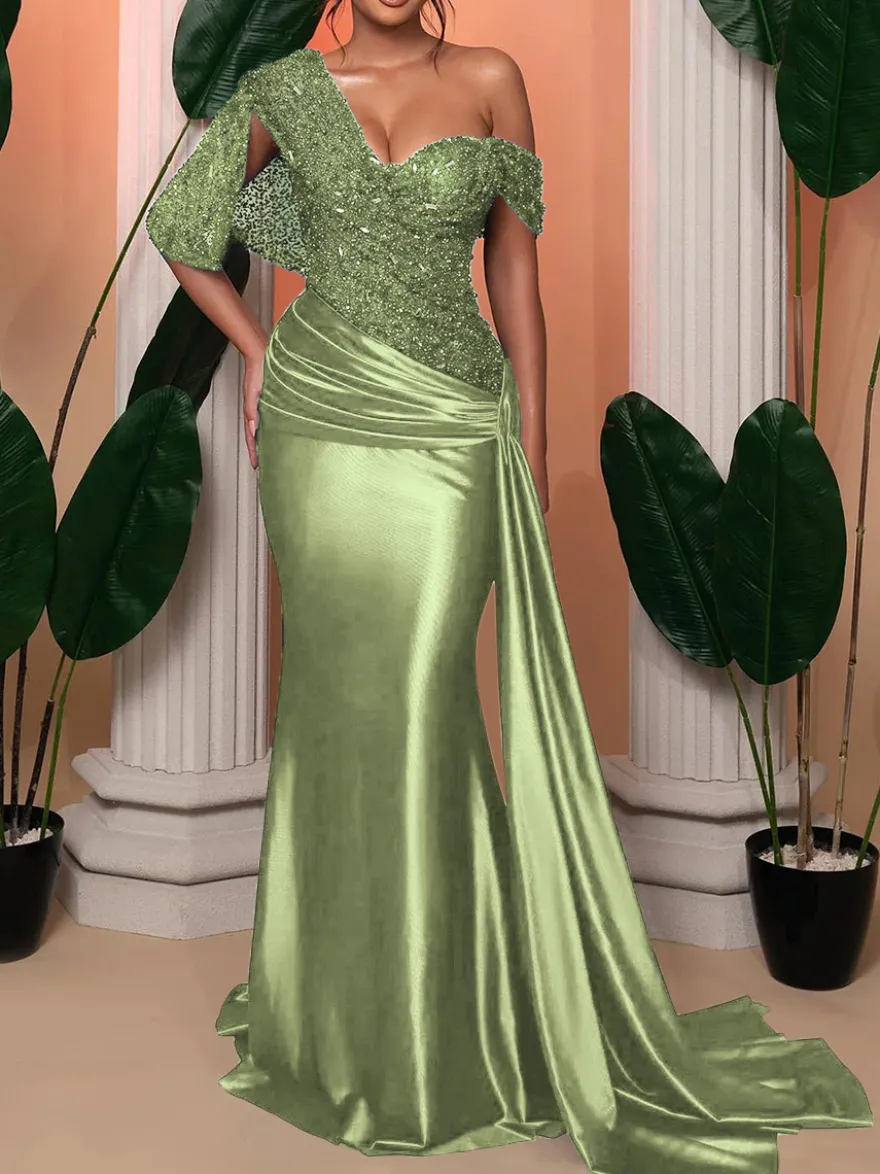 Robe de soirée sirène pailletes en satin à traîne