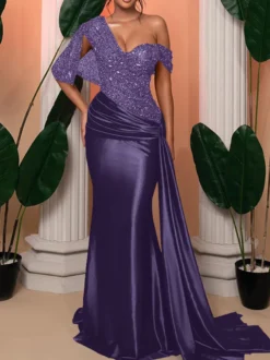 Robe de soirée sirène pailletes en satin à traîne