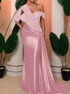 Robe de soirée sirène pailletes en satin à traîne