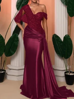 Robe de soirée sirène pailletes en satin à traîne