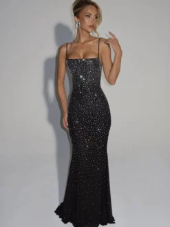 Robe de soirée sirène épaules dénudées longue sans manches lacée en tulle perlé robe de cérémonie