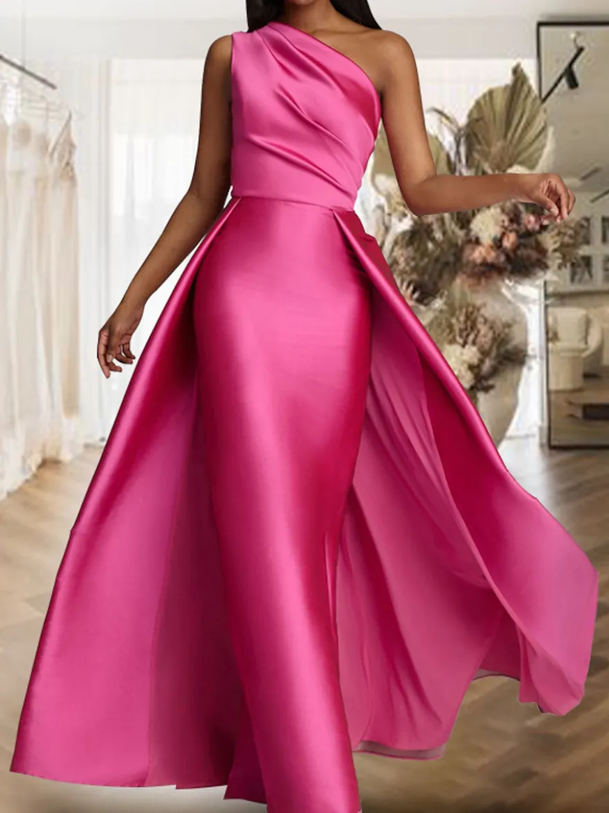 Robe de soirée trapèze asymétrique épaule dénudée tissu satiné longueur au sol robes de dîner formelles plissées