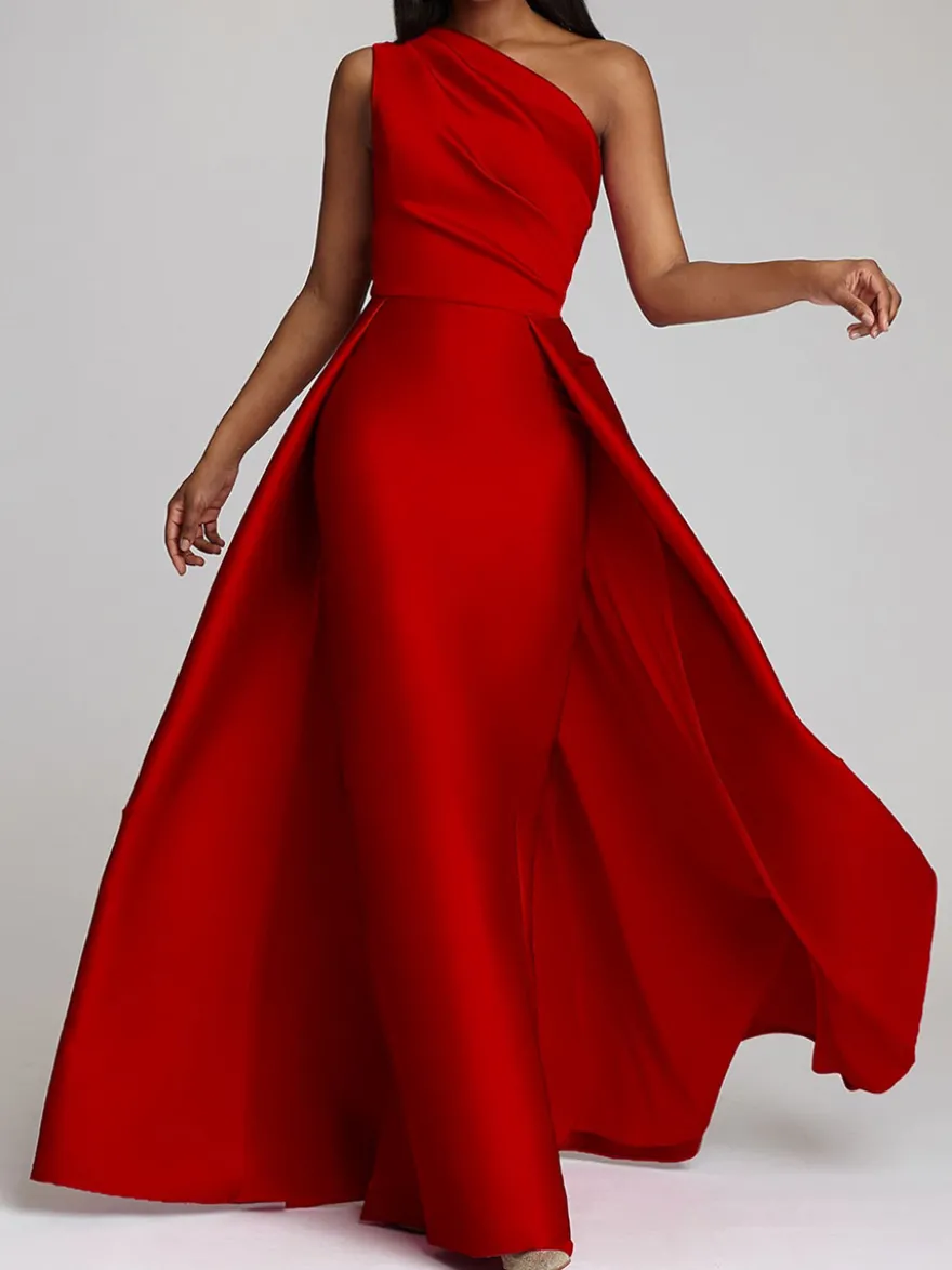 Robe de soirée trapèze asymétrique épaule dénudée tissu satiné longueur au sol robes de dîner formelles plissées