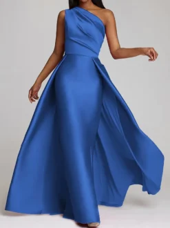 Robe de soirée trapèze asymétrique épaule dénudée tissu satiné longueur au sol robes de dîner formelles plissées