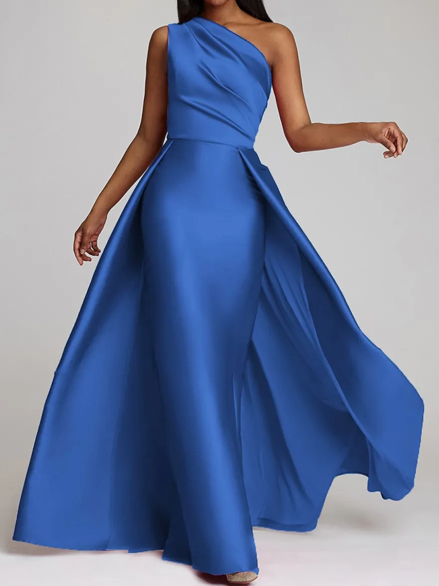 Robe de soirée trapèze asymétrique épaule dénudée tissu satiné longueur au sol robes de dîner formelles plissées
