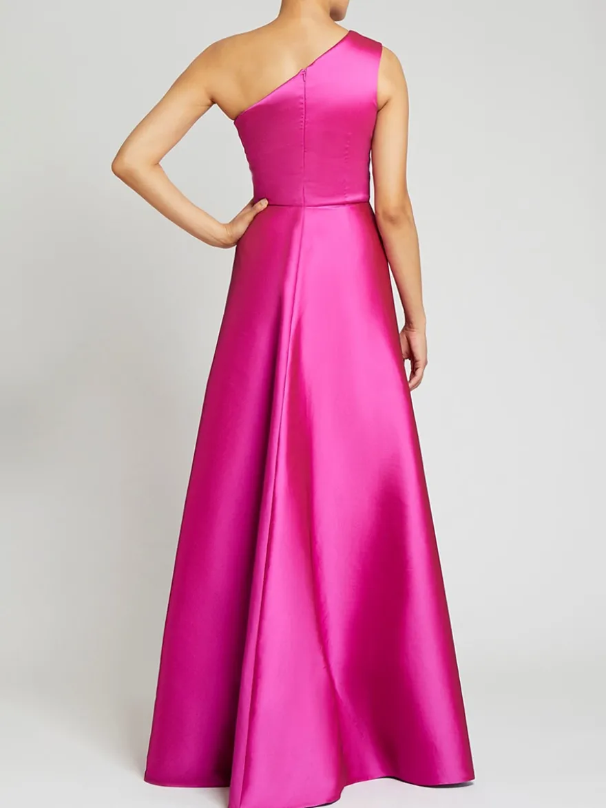 Robe de soirée trapèze asymétrique épaule dénudée tissu satiné longueur au sol robes de dîner formelles plissées