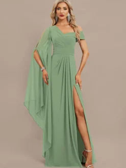 Robe de soirée trapèze asymétrique épaule dénudée longueur au sol manches courtes fermeture éclair plissée en mousseline de soie robes de soirée formelles