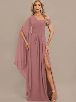 Robe de soirée trapèze asymétrique épaule dénudée longueur au sol manches courtes fermeture éclair plissée en mousseline de soie robes de soirée formelles