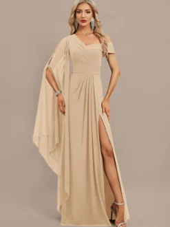 Robe de soirée trapèze asymétrique épaule dénudée longueur au sol manches courtes fermeture éclair plissée en mousseline de soie robes de soirée formelles