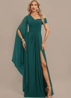 Robe de soirée trapèze asymétrique épaule dénudée longueur au sol manches courtes fermeture éclair plissée en mousseline de soie robes de soirée formelles