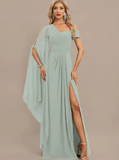Robe de soirée trapèze asymétrique épaule dénudée longueur au sol manches courtes fermeture éclair plissée en mousseline de soie robes de soirée formelles
