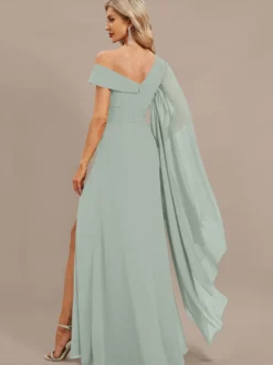 Robe de soirée trapèze asymétrique épaule dénudée longueur au sol manches courtes fermeture éclair plissée en mousseline de soie robes de soirée formelles