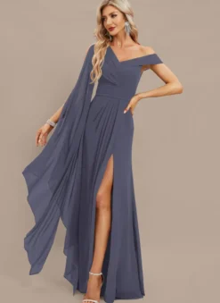 Robe de soirée trapèze asymétrique épaule dénudée longueur au sol manches courtes fermeture éclair plissée en mousseline de soie robes de soirée formelles