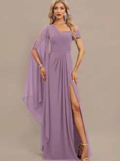 Robe de soirée trapèze asymétrique épaule dénudée longueur au sol manches courtes fermeture éclair plissée en mousseline de soie robes de soirée formelles